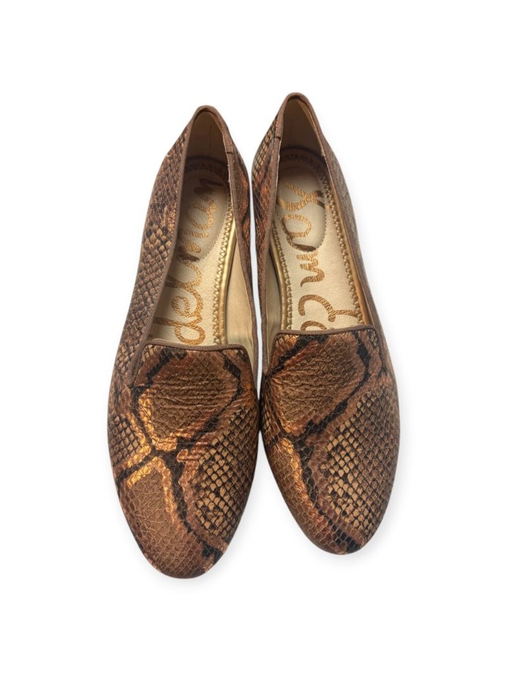 Sam Edelman Size 8 Jordyn Metallic Rose Gold Snake Animal Print Loafers Shoes